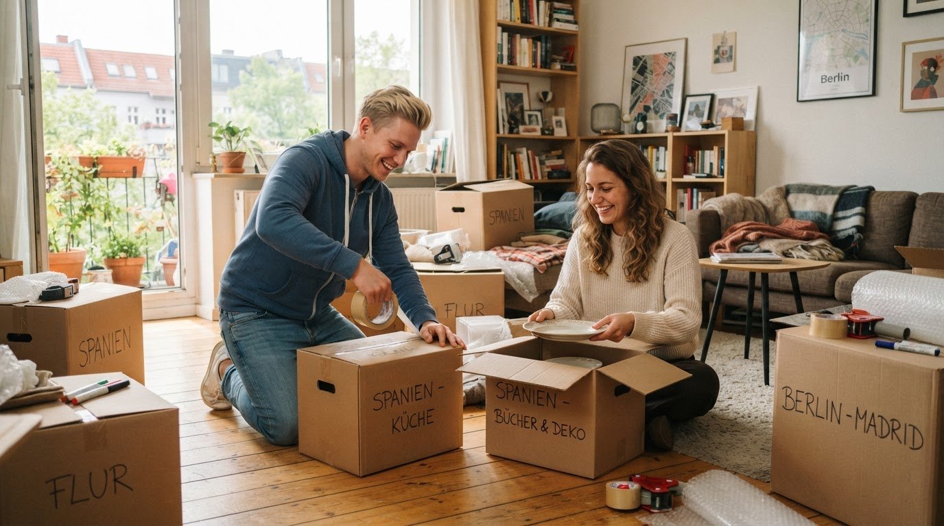Paar beim Packen von Umzugskartons für den Umzug nach Spanien