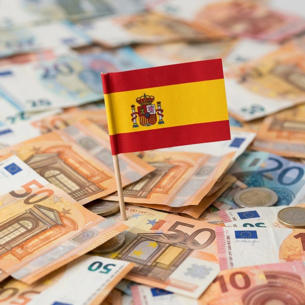 Spanische Flagge auf Euro-Scheinen – Symbolbild zur Steuerresidenz in Spanien