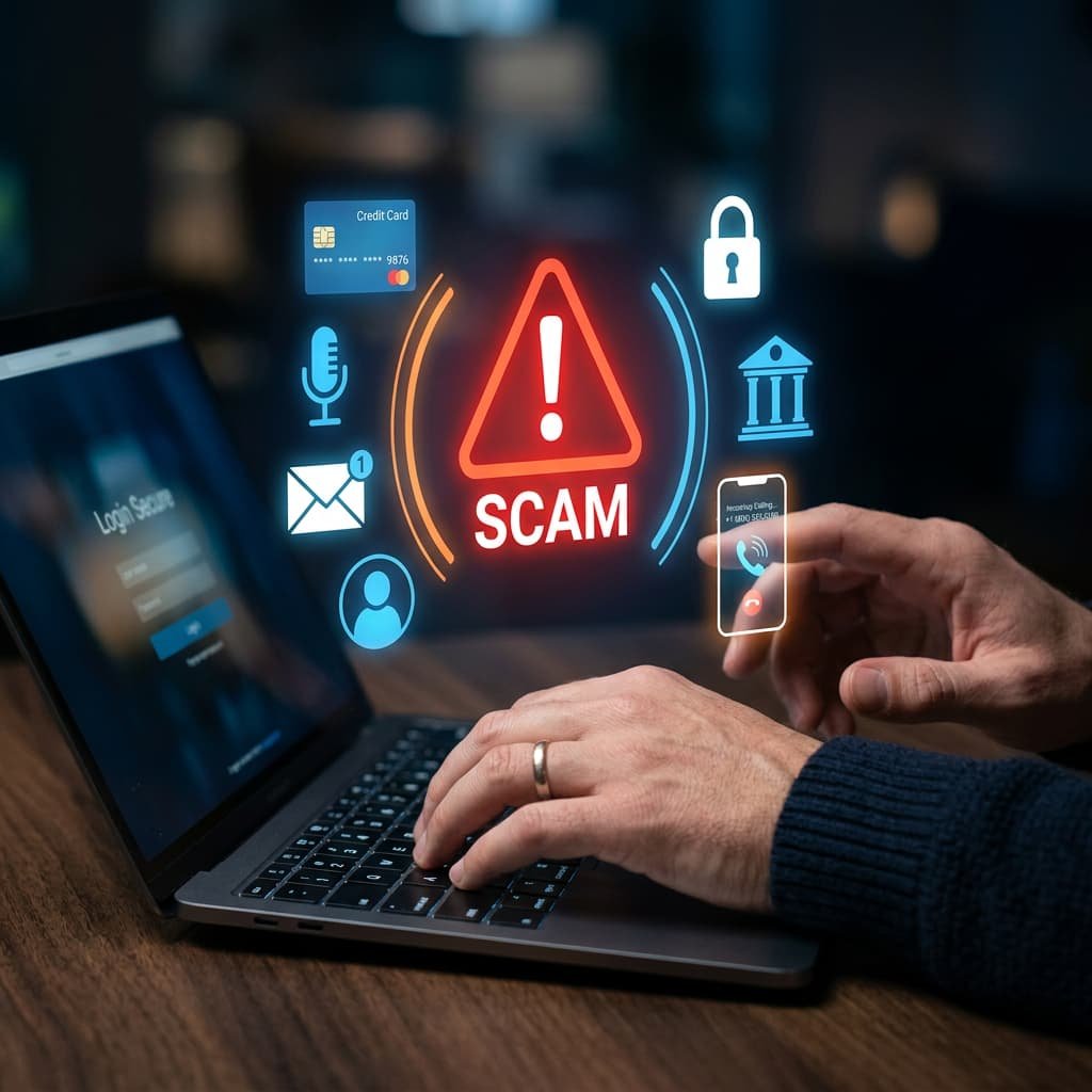 Laptop mit Scam-Warnsymbol – Symbolbild zur Cybercrime-Session